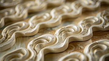 A photo showcasing the use of clay molds to create repeating patterns in a relief art piece.