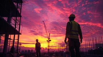The sky lights up in a mesmerizing display of pinks purples and oranges casting a dreamy glow over the construction site and its hardworking employees photo