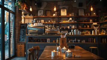 The varying heights of the candle platforms create a sense of dimension and depth enhancing the cozy and intimate atmosphere of this quaint coffee shop. 2d flat cartoon photo