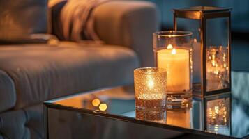 Vibrant candlelight reflecting off a mirrored side table creating a warm and inviting atmosphere. 2d flat cartoon photo