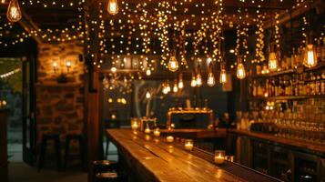 The exposed light bulbs hanging from the ceiling are dd with cascading strands of ling fairy lights adding a magical touch to the candlelit bar. 2d flat cartoon photo