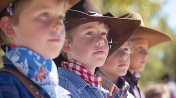 A group of children in cowboy hats and bandanas eagerly anticipating the start of the film photo