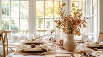 A dining room table set for a Thanksgiving feast with a beautiful centerpiece made of dried leaves and branches handpicked from the backyard photo
