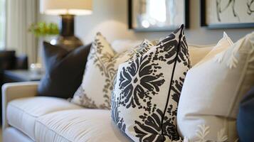 An interior designer adds the final details to a room strategically placing throw pillows and artwork to tie the space together photo