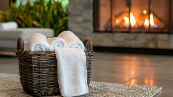 A tranquil spa lobby with a cozy fireplace and a basket filled with fluffy white towels welcoming guests in comfy spa attire. photo