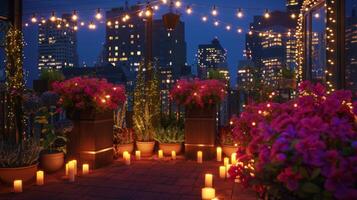 The candle flames dance alongside the vibrant blooms adding an element of magic and enchantment to the rooftop scenery. 2d flat cartoon photo