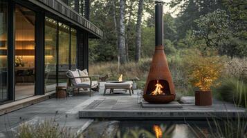 Guests cant help but gravitate towards the chiminea drawn in by its alluring flames and modern design. 2d flat cartoon photo