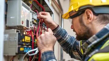 un de cerca de un trabajador comprobación el voltaje y asegurando apropiado marcha de el recién instalado paneles foto