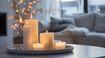 A beautiful minimalist arrangement of tapered candles on a modern tray creating an elegant centerpiece on the dining table. 2d flat cartoon photo