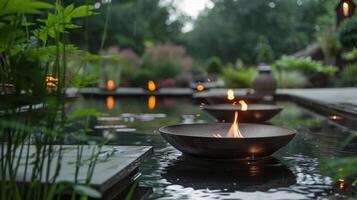 A zenlike garden with a tranquil pond and floating fire bowls adding warmth and ambiance to the space. 2d flat cartoon photo