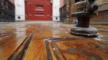 un conjunto de Clásico doble puertas siendo lijado abajo a eliminar años de vestir y lágrima preparando ellos para un Fresco Saco de manchar y barniz foto