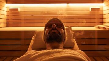 A man lying on a bench inside the sauna with a towel covering his eyes and soft music playing in the background completely at peace and ready for restful sleep. photo