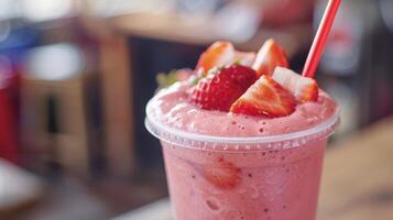 A closeup of a perfectly blended smoothie filled with chunks of fresh fruit and a e paper straw photo