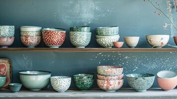An assortment of ceramic bowls displayed on a shelf each with a unique and intricate handpainted finish inspired by nature. photo