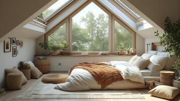 A cozy bedroom with a retractable skylight above the bed creating a serene and dreamy atmosphere for rest and relaxation photo