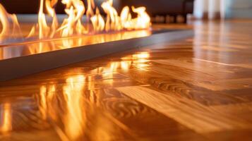 The flickering flames reflect off of the polished wooden floors creating a mesmerizing effect that draws you closer to the fire. 2d flat cartoon photo