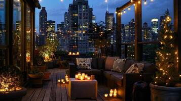 The ling lights of the city skyline provide a stunning backdrop for the cozy candlelit patio creating a chic and sophisticated ambiance. 2d flat cartoon photo