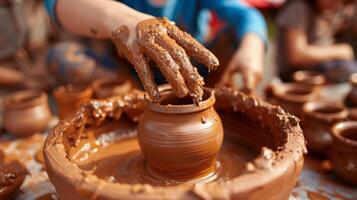 A pottery instructor guides students through the process of handbuilding clay pots encouraging creative expression photo