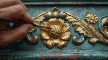 A hand painting delicate gold accents onto a refurbished antique door adding the perfect touch of elegance and sophistication photo