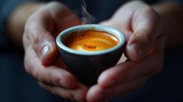 Hands holding a small cup of espresso steam rising and wisps of foam lingering on the crema photo