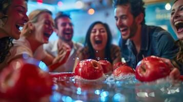 un juego de manzana balanceándose sucediendo en uno esquina de el habitación con invitados riendo y aplausos en su amigos foto