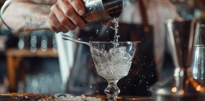 The mixologist demonstrating the use of different utensils such as a muddler and strainer to create the perfect mocktail photo