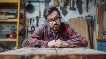 A photo of a DIYer holding a broken piece of furniture with a determined look on their face as they plan out how to fix it instead of buying a new one