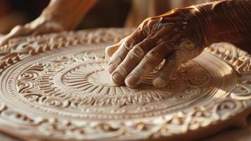 Hands gently press and shape intricate patterns into a clay plate showcasing the artisans attention to detail and dedication to their craft photo