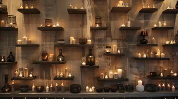 On an otherwise plain wall a collection of tiered candle holders in varying heights add dimension and texture to the room. 2d flat cartoon photo