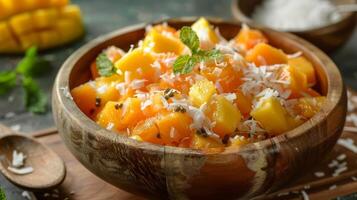 A colorful fruit salad bursting with vibrant chunks of papaya mango pineapple and shredded coconut photo