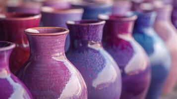 A row of ceramic vases in varying shades of purple all created using different ratios of blue and red pigments in the clay. photo