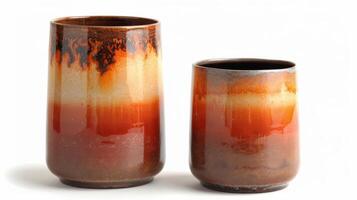 A pair of cylindrical vases with a dipdyed glaze effect featuring a blend of dark and light shades of orange creating a sunsetlike appearance. photo