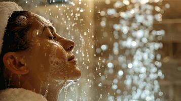 disfrutando un seco sauna sesión seguido por un refrescante frio ducha a vigorizar el cuerpo y despertar el Sentidos. foto