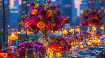 Vibrant flower arrangements and glowing candles adorn the tables adding a touch of color to the urban backdrop. 2d flat cartoon photo