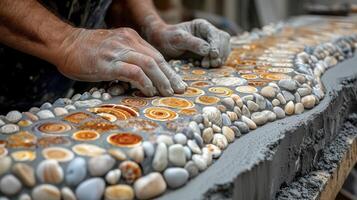 Get a glimpse of the intricate process of embedding decorative details such as stones or shells into a freshly poured concrete countertop photo