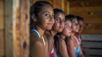 A team of young softball players cooling down in a sauna after a hot summer tournament. photo