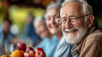 personas mayores tomar un descanso desde el seminario a disfrutar un nutritivo bocadillo chateando y intercambiando consejos en quedarse activo en su luego años foto