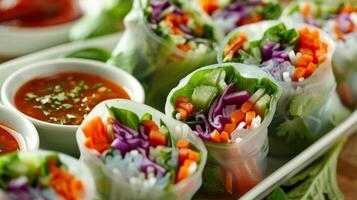 A colorful platter of veggie spring rolls filled with fresh vegetables and served with a tangy tropical dipping sauce photo