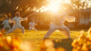 A tranquil image of seniors performing Tai Chi on a beautifully manicured lawn with the sun setting behind them radiating feelings of peace and contentment photo