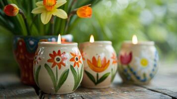 un conjunto de pintado a mano té ligero titulares cada presentando un diferente primavera flor margaritas tulipanes y narcisos un alegre camino a traer el temporada adentro. foto