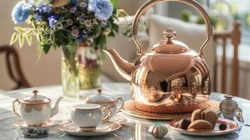 An elegant copper kettle and a collection of artisanal teas make for a perfect setup to enjoy a cup of premium tea in the comfort of your own home photo