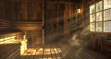 pisar dentro un sauna en un frío día sensación el calor inmediatamente sobre tu cuerpo y aliviar ninguna tensión o dolor. foto