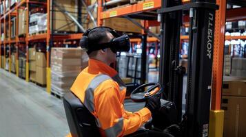 Workers utilize a virtual reality headset while operating a smart forklift which utilizes obstacle detection and automatic navigation to optimize material movement photo