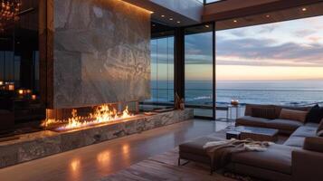 A luxurious fireplace with sleek marble accents adds a touch of elegance to the room with sweeping views of the ocean just outside. 2d flat cartoon photo