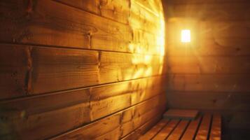 besado por el Sol paredes y suave calmante música jugando en el antecedentes de el sauna habitación. foto