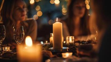 el parpadeando ligero de el velas refleja en el ojos de esos reunido alrededor el fuego creando un romántico y íntimo humor. 2d plano dibujos animados foto