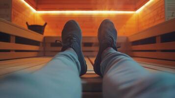 A person sitting with their legs stretched out in front of them arms resting on the bench as the calming heat of the sauna helps them enter a state of deep meditation. photo