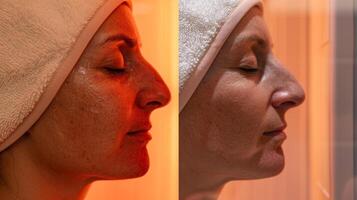 un lado a lado comparación de un personas cara antes de y después utilizando el infrarrojo sauna para triste alivio. foto