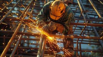 A construction worker welds metal pipes together creating the sy framework of a building photo