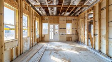 The installation of insulation and drywall on the interior making it ready for finishing work photo